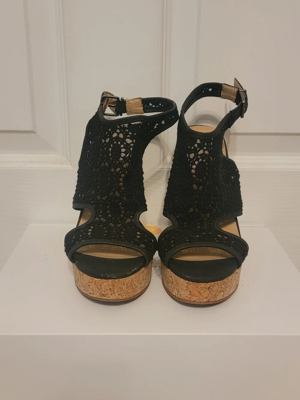 Lucky Brand Black Crochet Cork Wedge Sandals